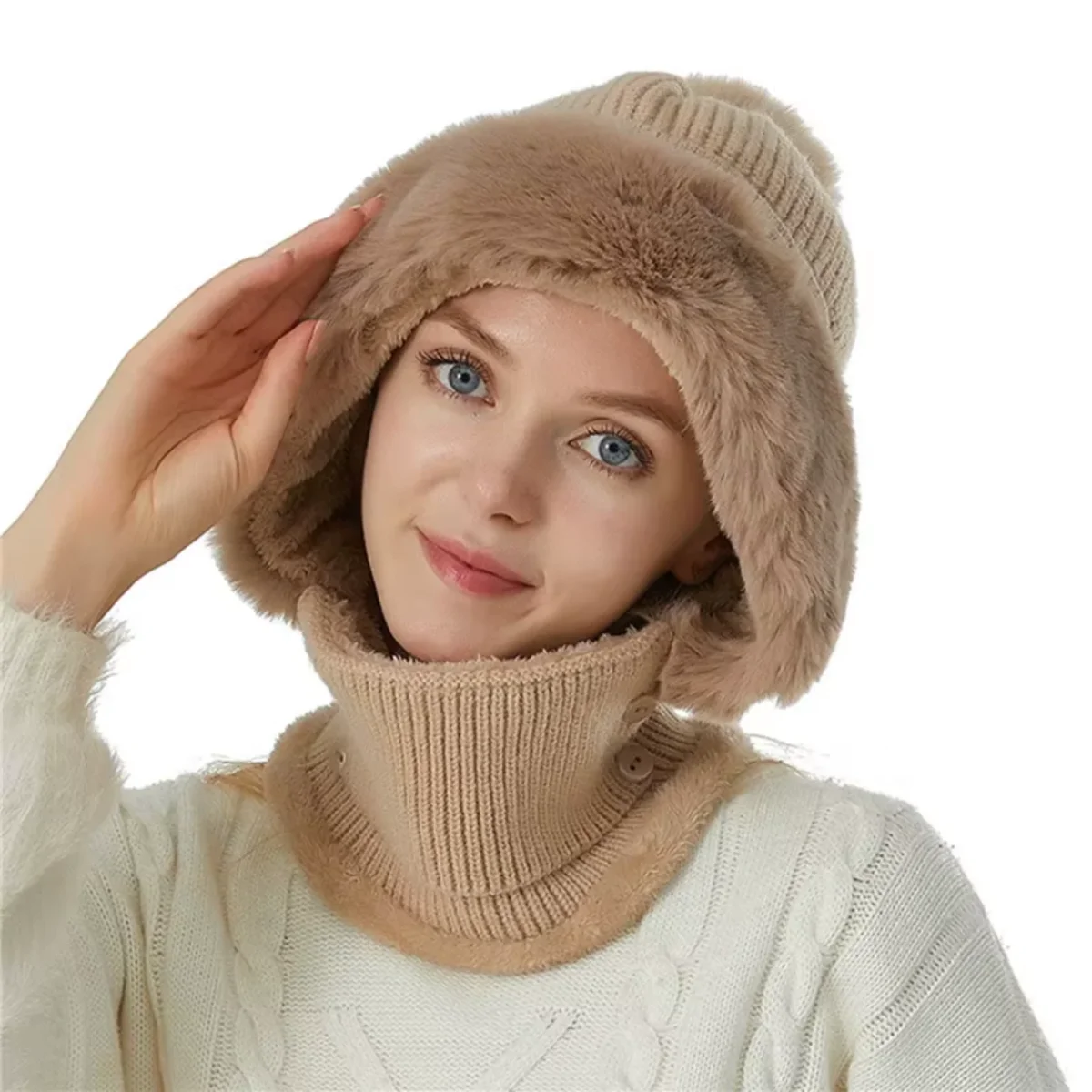 Bonnet Chapeau Écharpe 2-en-1 Doublé Polaire – Image 4