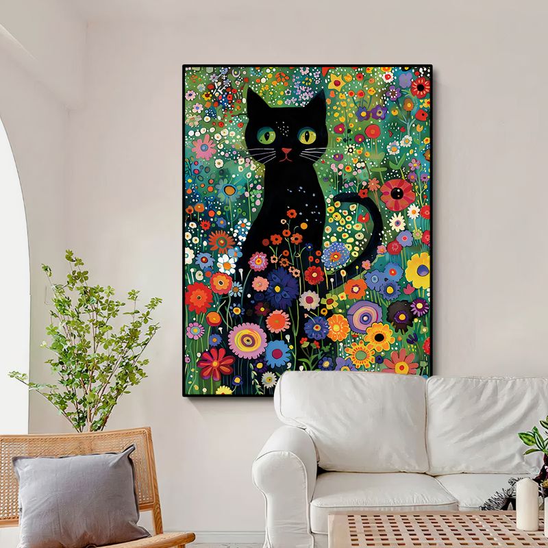 Tableau Chat Noir et Champ de Fleurs Coloré – Image 2